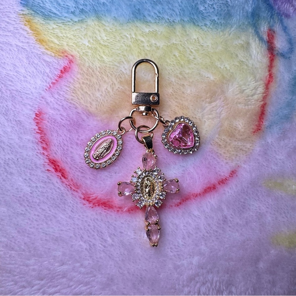 Elegant Pink Charm Keychain Virgencita Cross